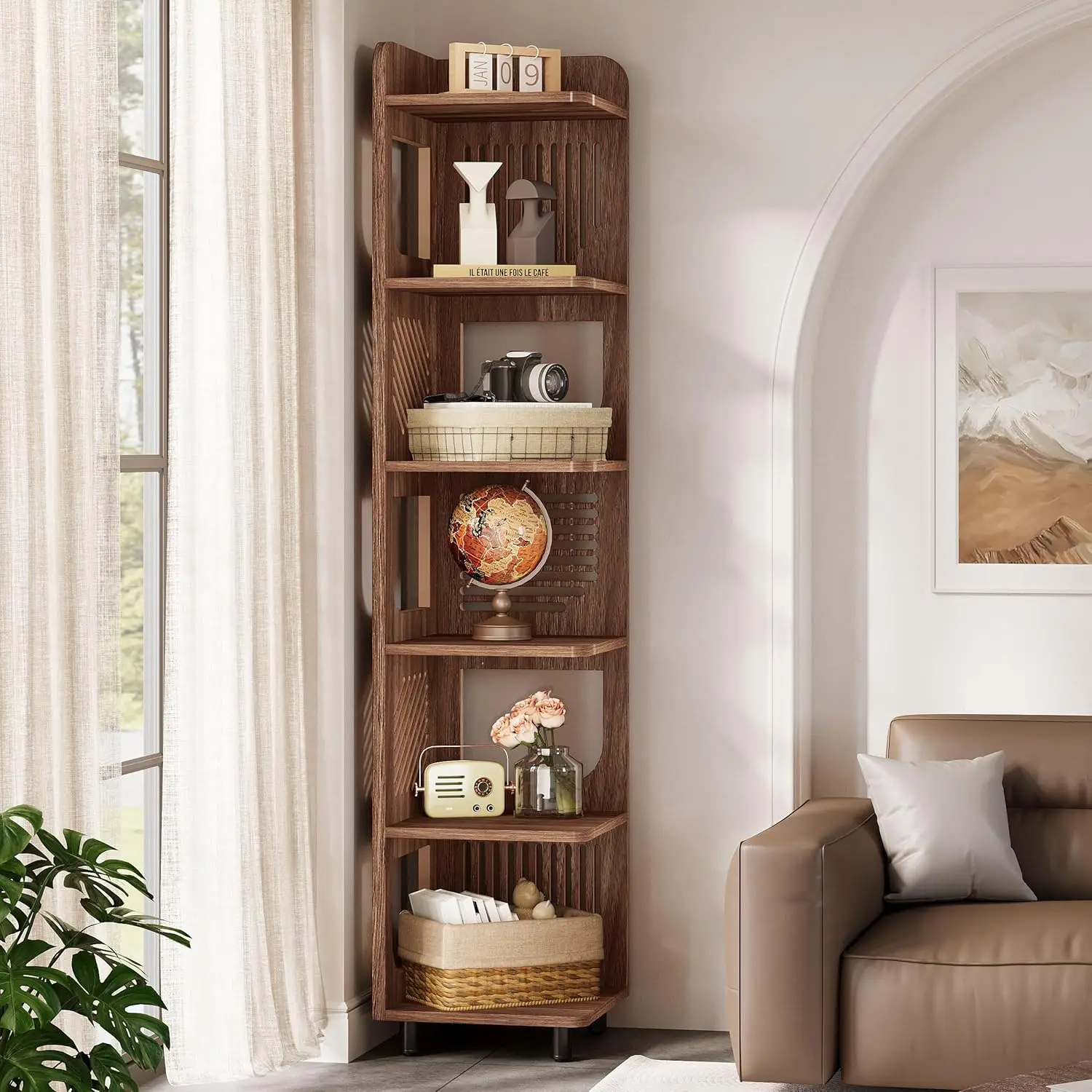 6-tier Corner Bookshelf, 71-inch Country-style Narrow Corner Bookshelf with Square Shelves,Corner Bookshelf, Customizable.