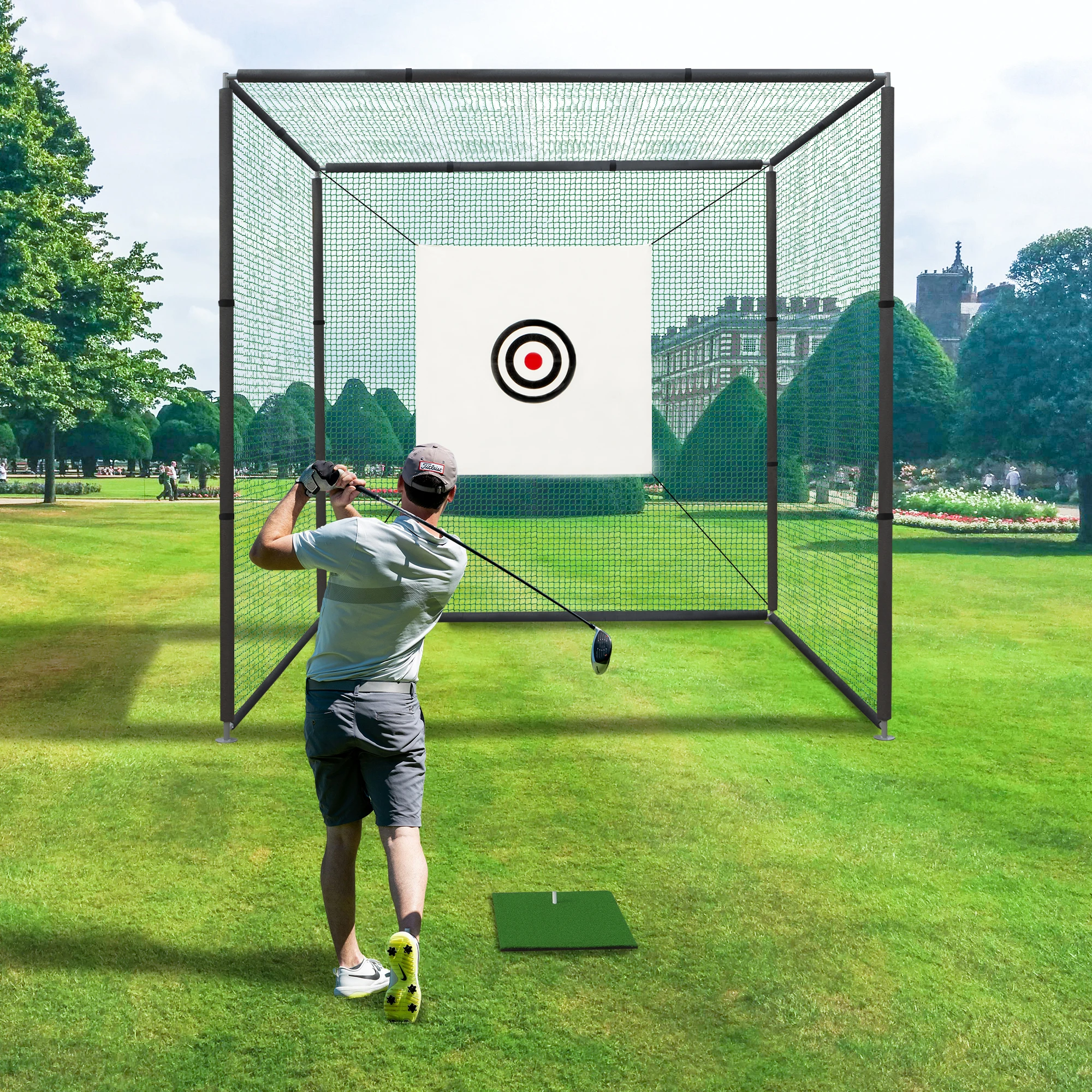 10×10ft Golf Driving Cage with Metal Frame,Triple-Turf Mat and Target Cloth,Driving Chipping Training Swing with Targets Outdoor