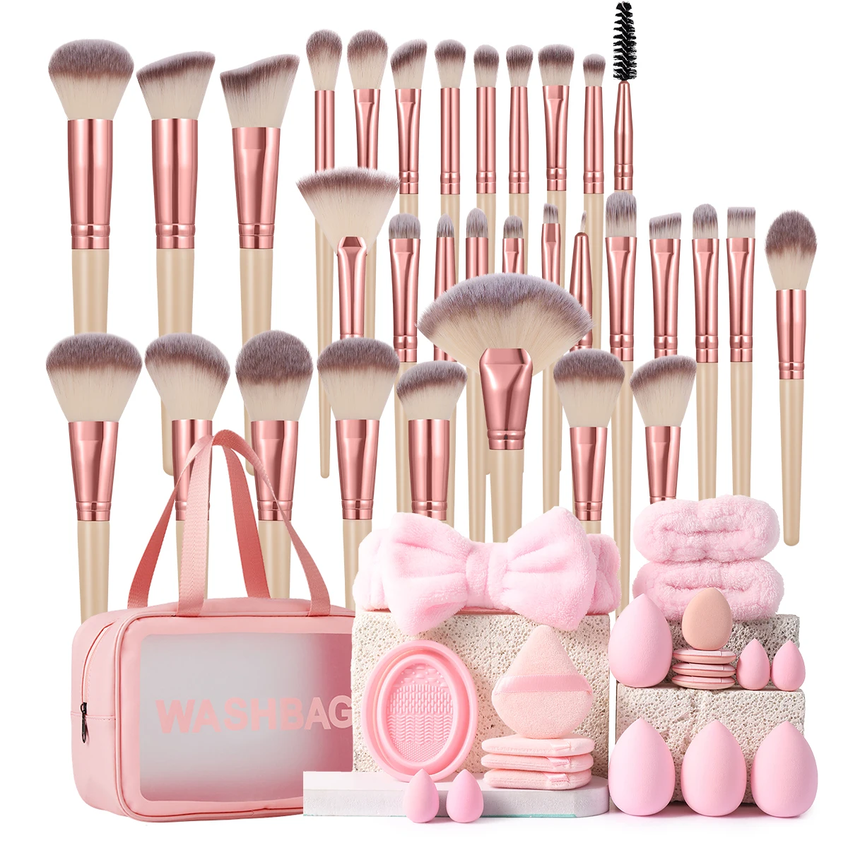 53PCS Makeup Tools:1PC Cosmetic Bag+32PCS Makeup Brush Set+8PCS Makeup Sponges+8PCS Powder Puffs+4PCS Makeup Tools