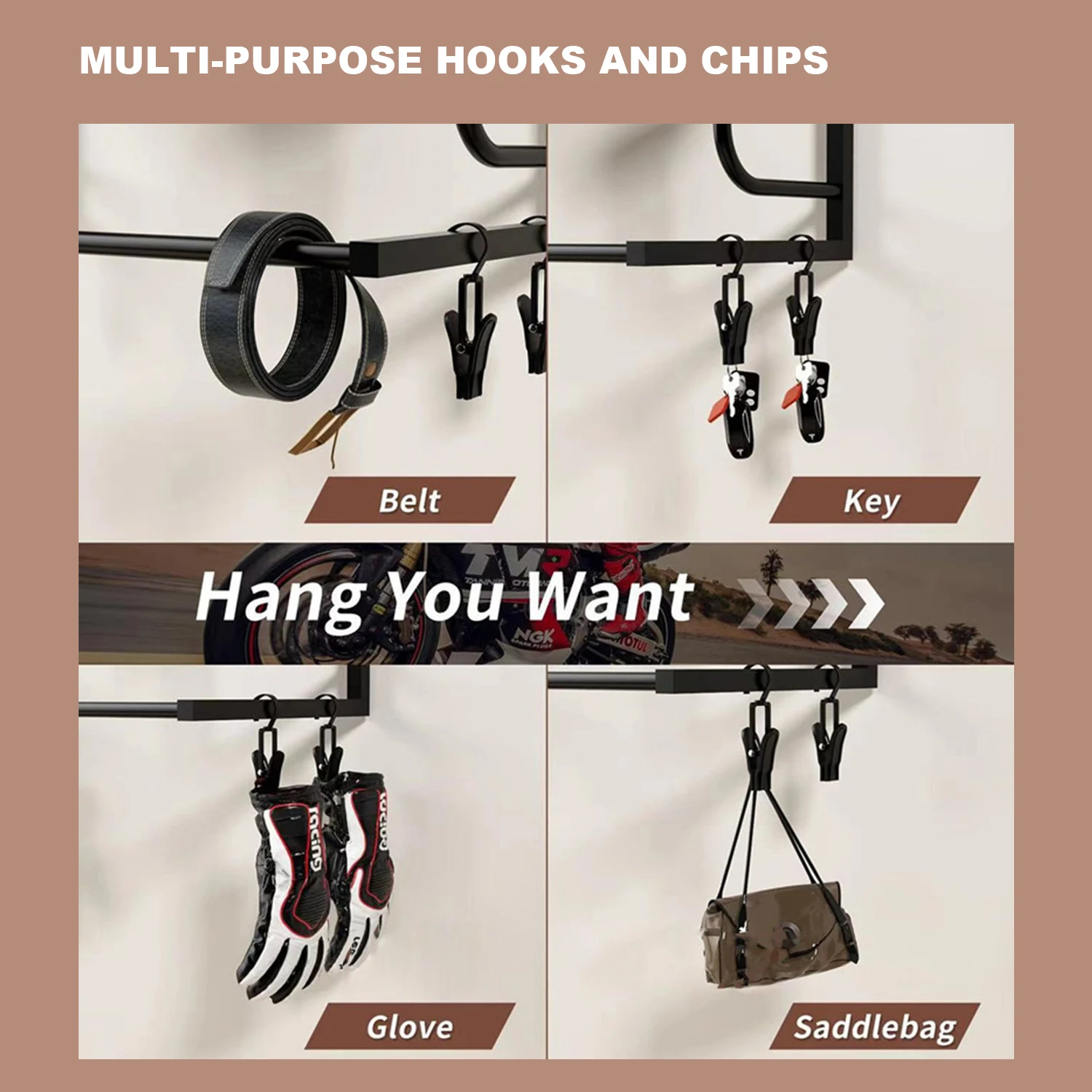 Motorcycle Helmet Holder, Wall-Mounted Rack With 4 Glove Chips & Hooks, Bike Helmets Storage Organizer For Helmets Gear Clothes