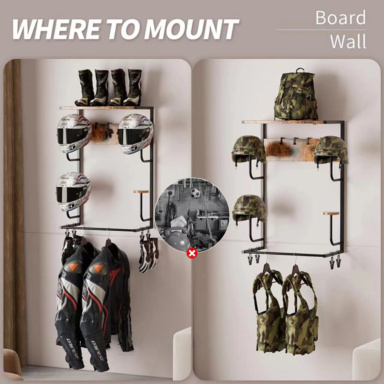 Motorcycle Helmet Holder, Wall-Mounted Rack With 4 Glove Chips & Hooks, Bike Helmets Storage Organizer For Helmets Gear Clothes