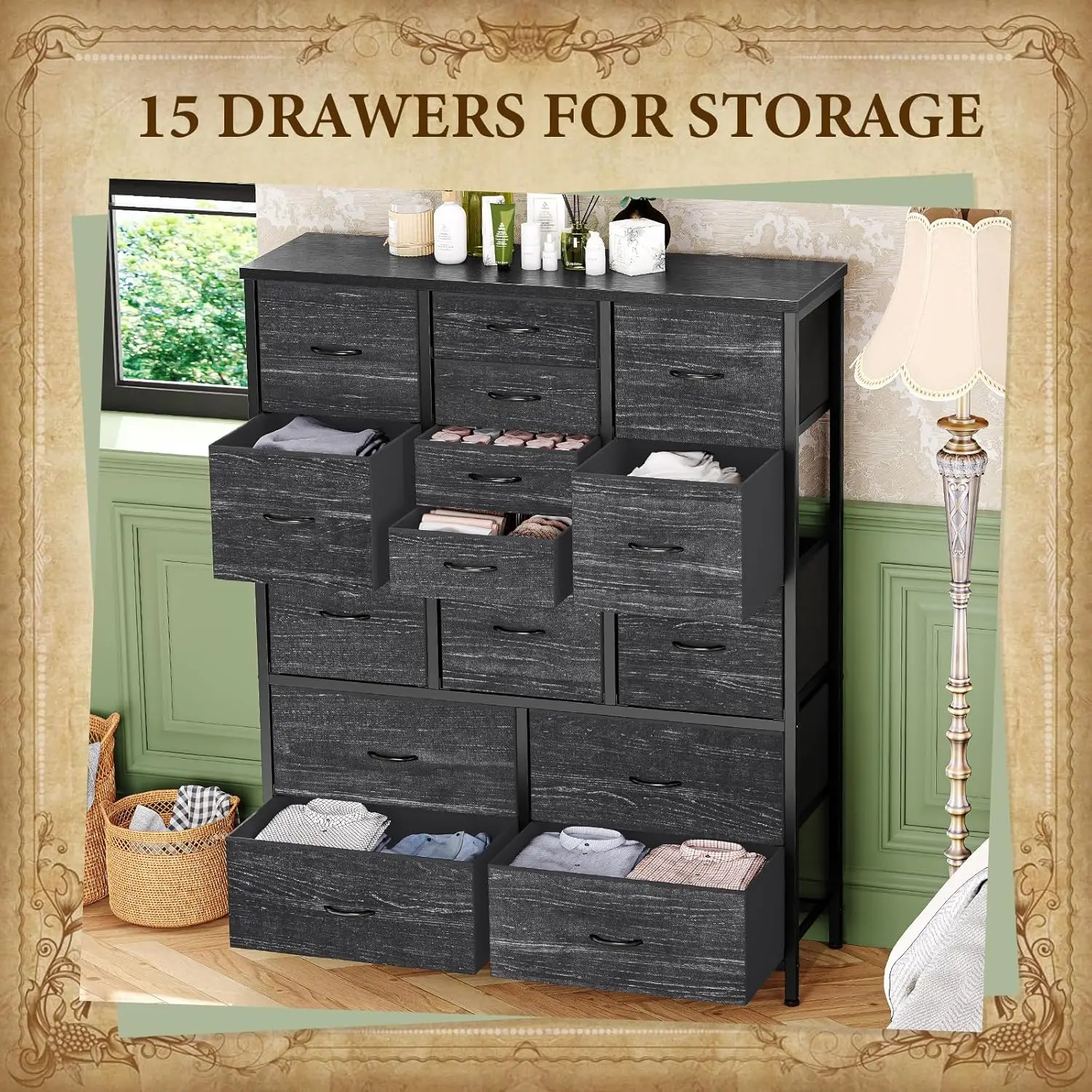 15 Drawer Dresser, 48 Inch Fabric Tall Dresser for Bedroom Closet with Wood Grain Print Top & Sturdy Metal Frame, Customized