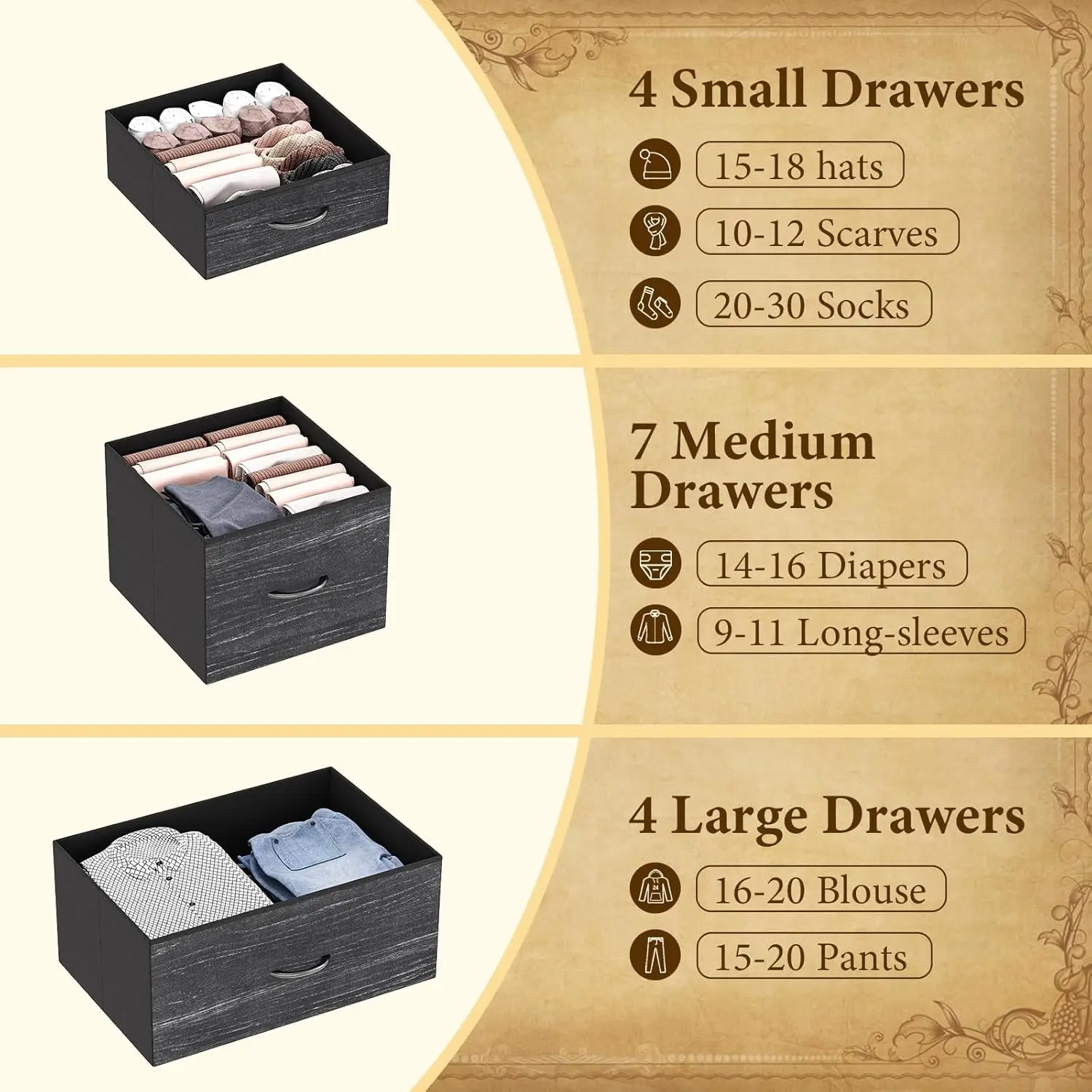 15 Drawer Dresser, 48 Inch Fabric Tall Dresser for Bedroom Closet with Wood Grain Print Top & Sturdy Metal Frame, Customized