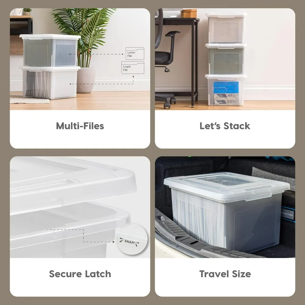 IRIS USA 4-Pack 35 Qt Clear Plastic File Box with Lid, Stackable Nestable Document Storage Organizer, BPA-Free Portable File Bin