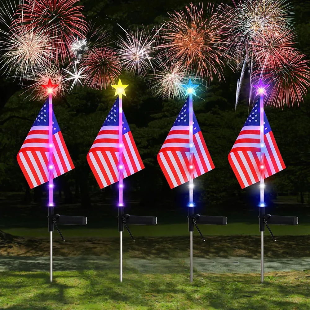4Pcs LED American Flag Solar Lights Outdoor, 4th Of July Decoration Flag Lights with 2 Modes, Waterproof Summer Decora Garden Light, LED Solar Flag Patriotic Lights for Yard, Garden, Pathway, Independence Day, Memorial Day