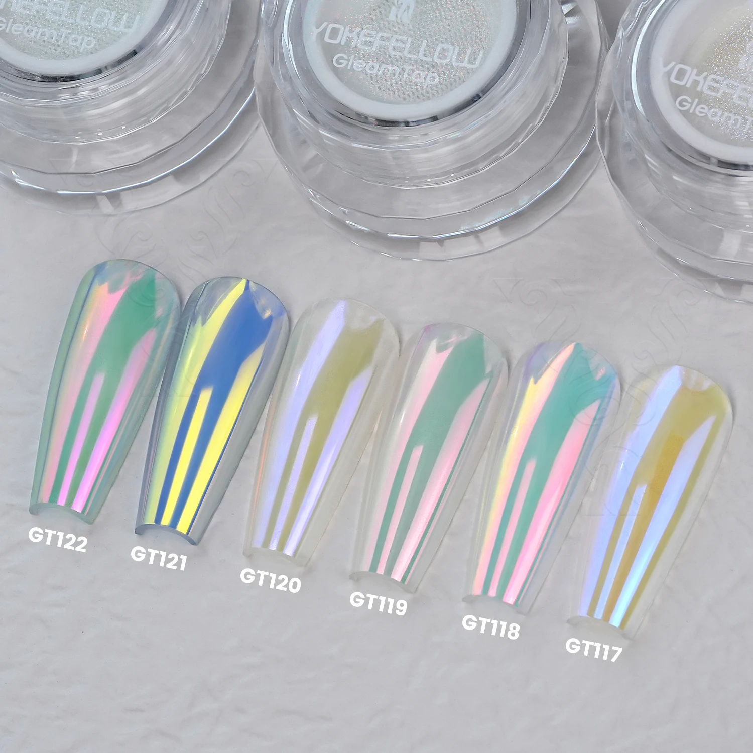 YOKEFELLOW GleamTap Cushion Aurora Chrome Nail Powder 6 Color Mermaid Aurora Effect Nail Art Glitter Decoration for Home DIY Salon Manicure GT117-GT122