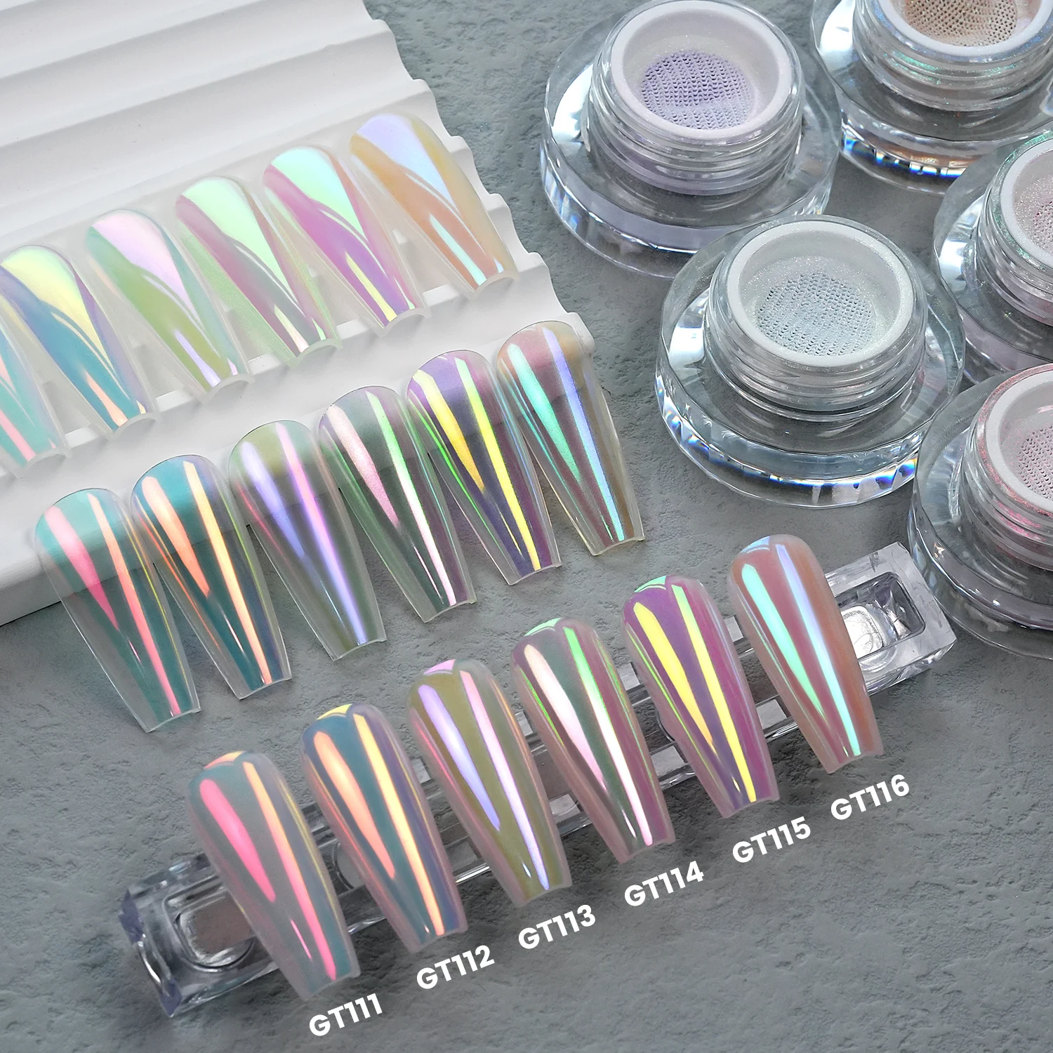 YOKEFELLOW GleamTap Cushion Aurora Chrome Nail Powder 6 Color Mermaid Aurora Effect Nail Art Glitter Decoration for Home DIY Salon Manicure GT117-GT122