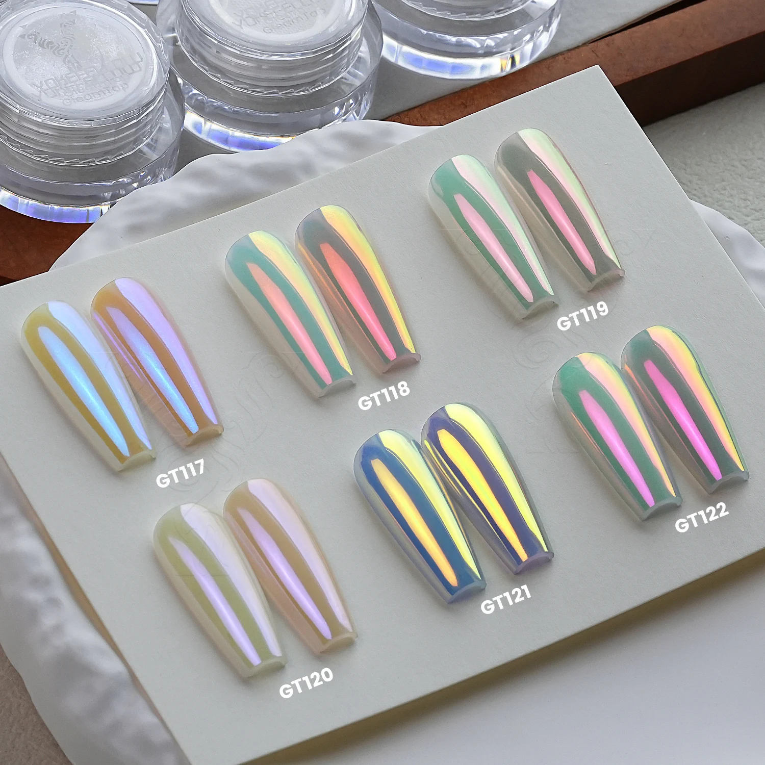 YOKEFELLOW GleamTap Cushion Aurora Chrome Nail Powder 6 Color Mermaid Aurora Effect Nail Art Glitter Decoration for Home DIY Salon Manicure GT117-GT122