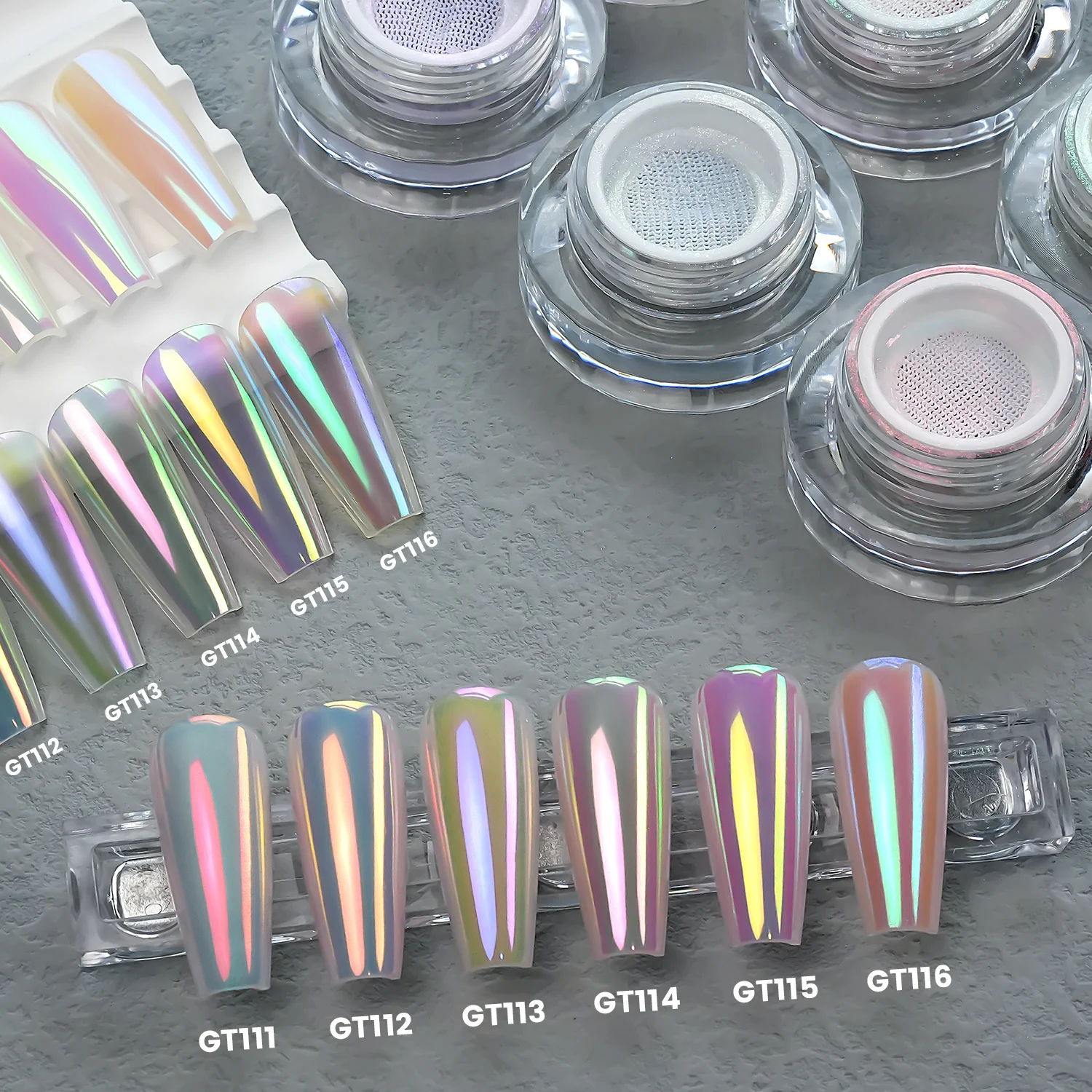 YOKEFELLOW GleamTap Cushion Aurora Chrome Nail Powder 6 Color Mermaid Aurora Effect Nail Art Glitter Decoration for Home DIY Salon Manicure GT117-GT122