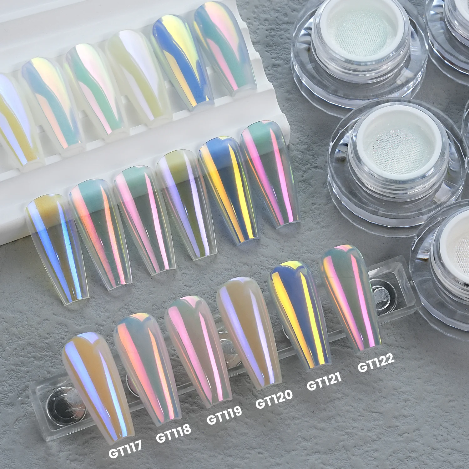 YOKEFELLOW GleamTap Cushion Aurora Chrome Nail Powder 6 Color Mermaid Aurora Effect Nail Art Glitter Decoration for Home DIY Salon Manicure GT117-GT122