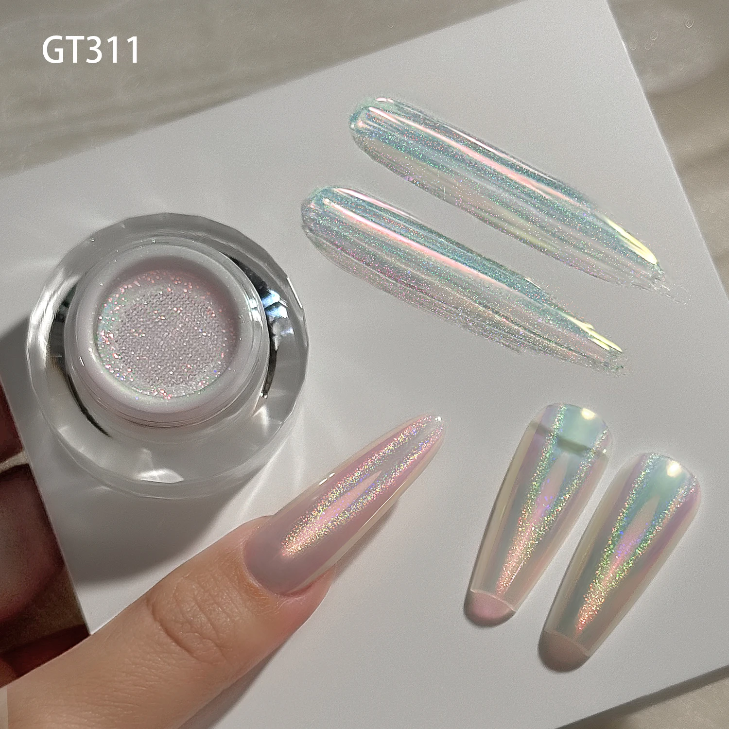 YOKEFELLOW GleamTap Cushion Aurora Chrome Nail Powder 6 Color Mermaid Aurora Effect Nail Art Glitter Decoration for Home DIY Salon Manicure GT117-GT122