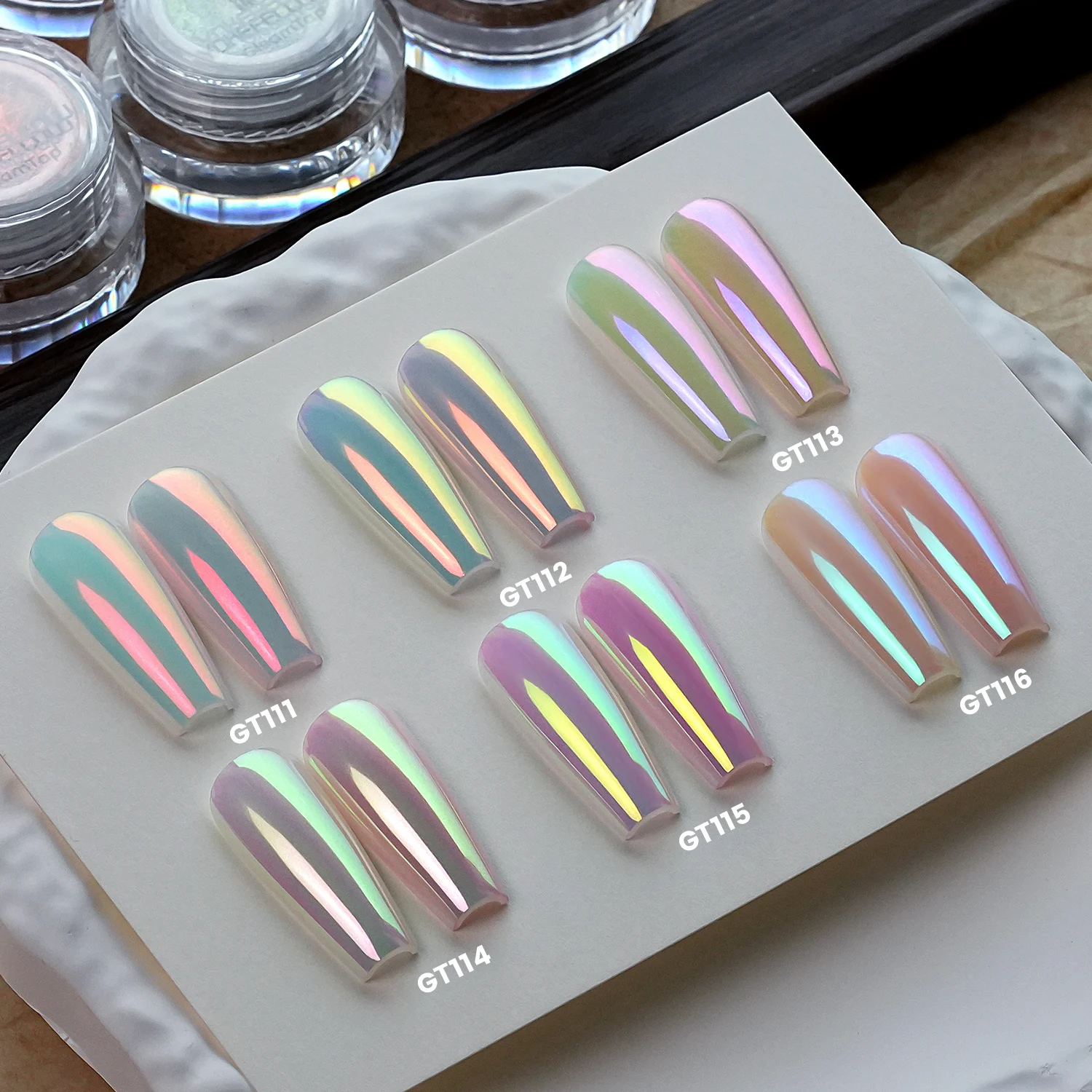 YOKEFELLOW GleamTap Cushion Aurora Chrome Nail Powder 6 Color Mermaid Aurora Effect Nail Art Glitter Decoration for Home DIY Salon Manicure GT117-GT122