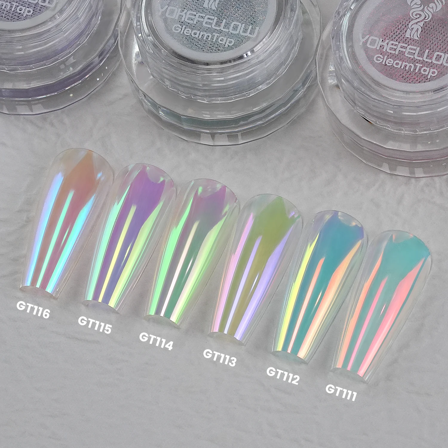 YOKEFELLOW GleamTap Cushion Aurora Chrome Nail Powder 6 Color Mermaid Aurora Effect Nail Art Glitter Decoration for Home DIY Salon Manicure GT117-GT122