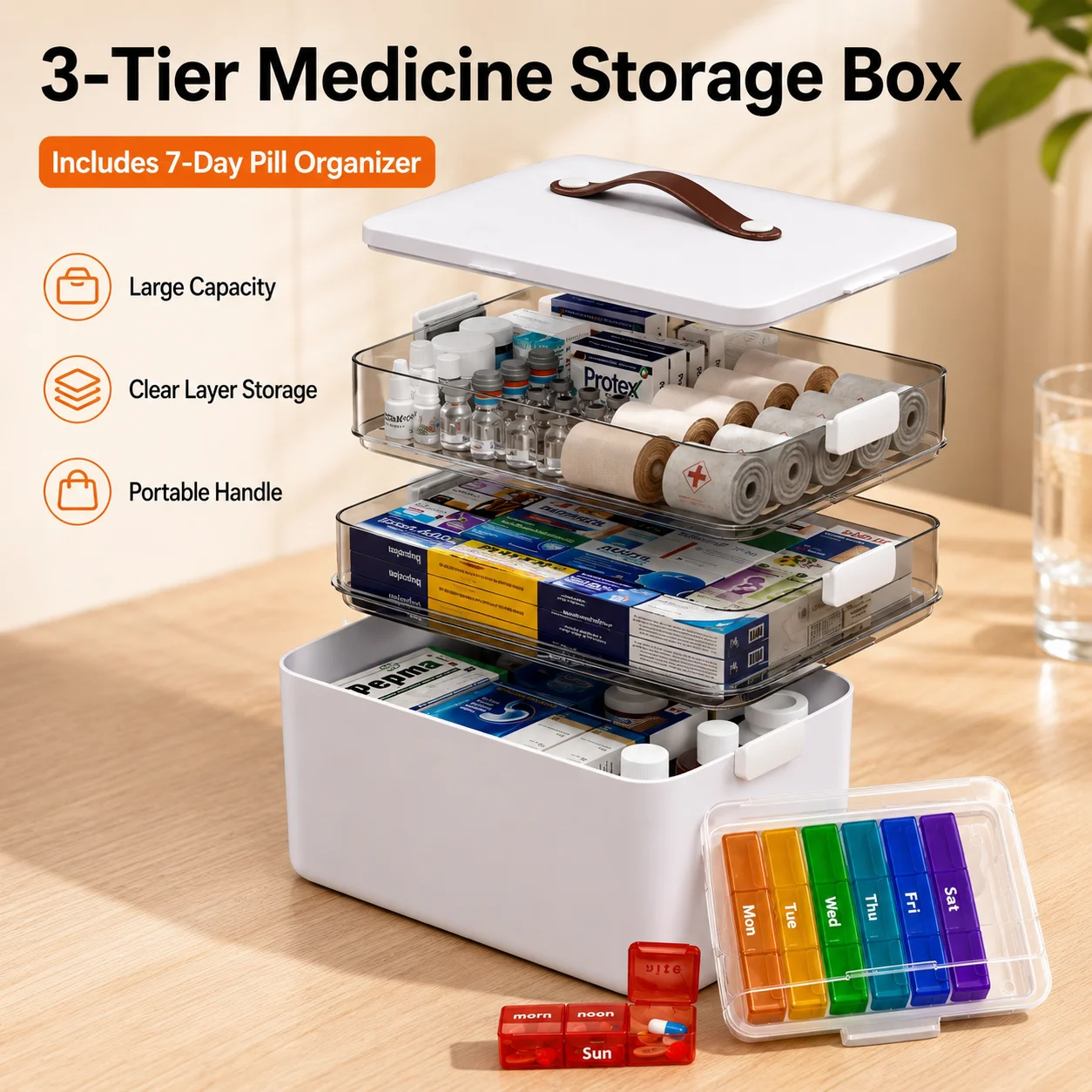 Joybos Large First Aid Kit Organizer Storage Case, Tiered Medicine Box for Home Supplements, Clear Visible Compartments with Bonus Weekly Pill Dispenser