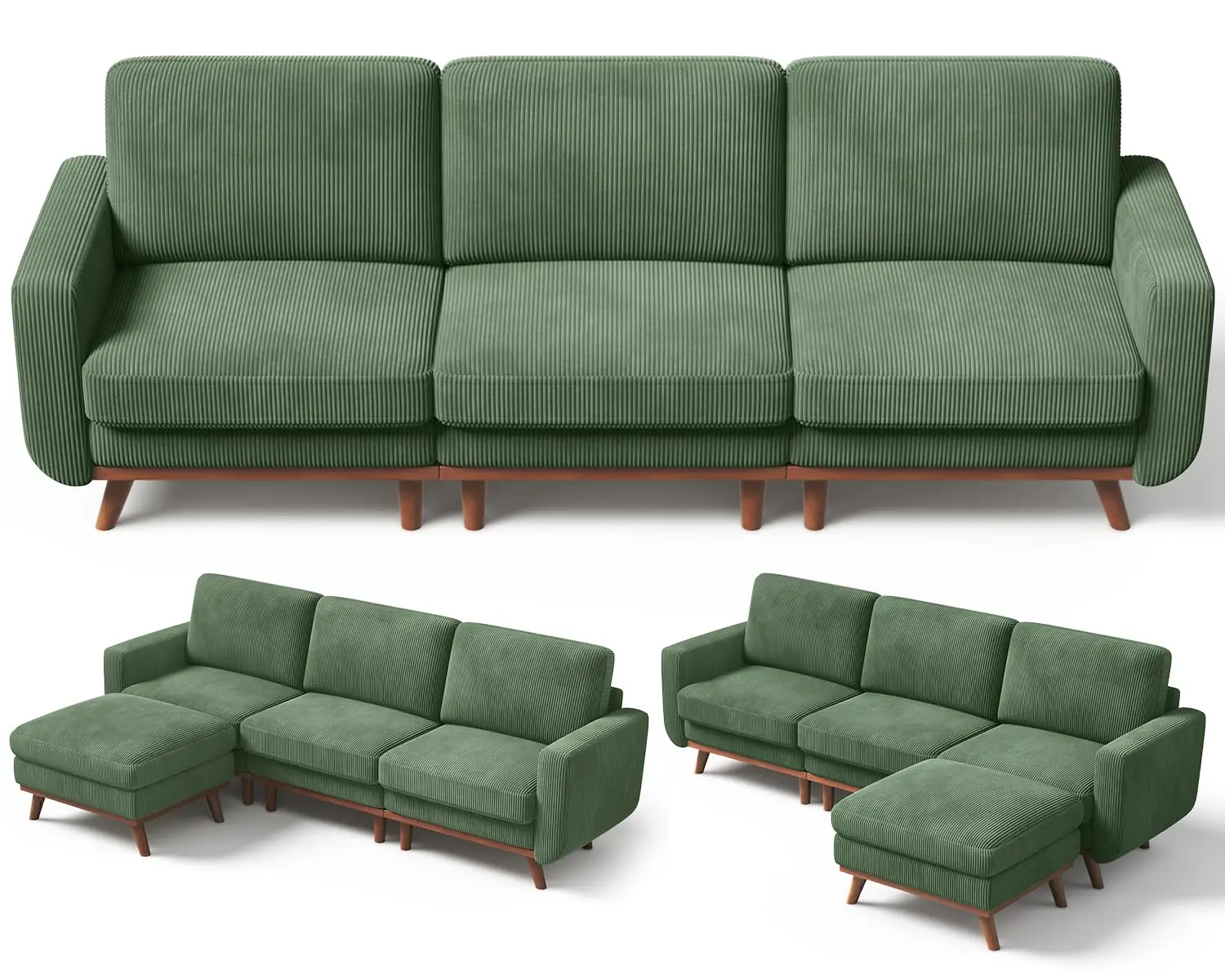 97" L-Shape Modular Sofa, 3-Seat Corduroy Couch with Movable Ottoman, Sectional Sofa for Living Room, Green, Customized
