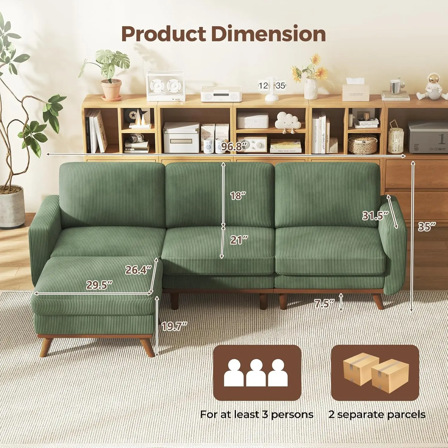 97" L-Shape Modular Sofa, 3-Seat Corduroy Couch with Movable Ottoman, Sectional Sofa for Living Room, Green, Customized