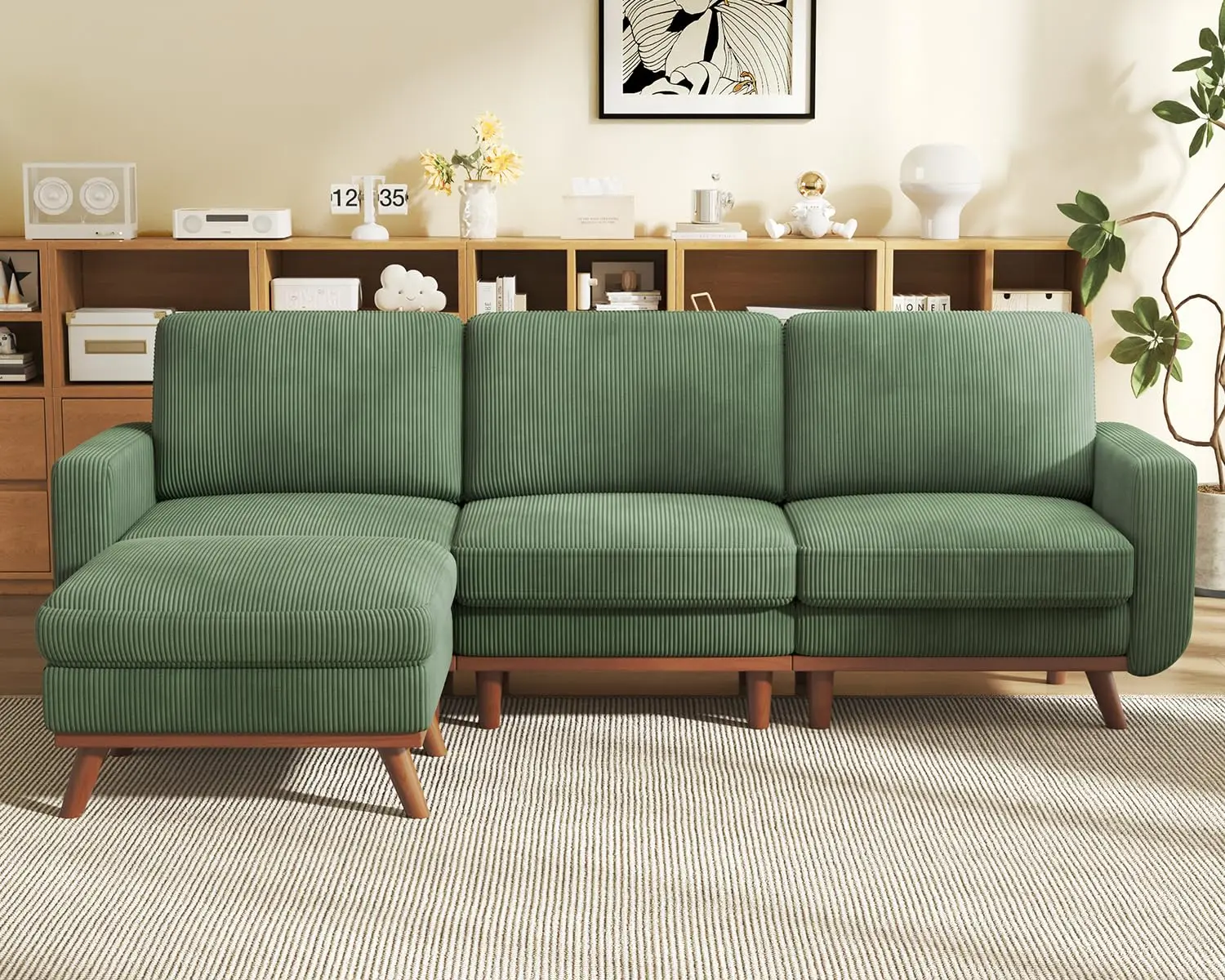 97" L-Shape Modular Sofa, 3-Seat Corduroy Couch with Movable Ottoman, Sectional Sofa for Living Room, Green, Customized