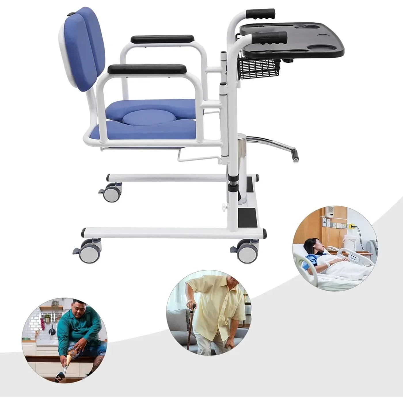 Hydraulic Patient Lift Transfer Chair, 330lbs Height Adjustable Transport Wheelchair Shower Chair 180° Split Seat Patient Lifter