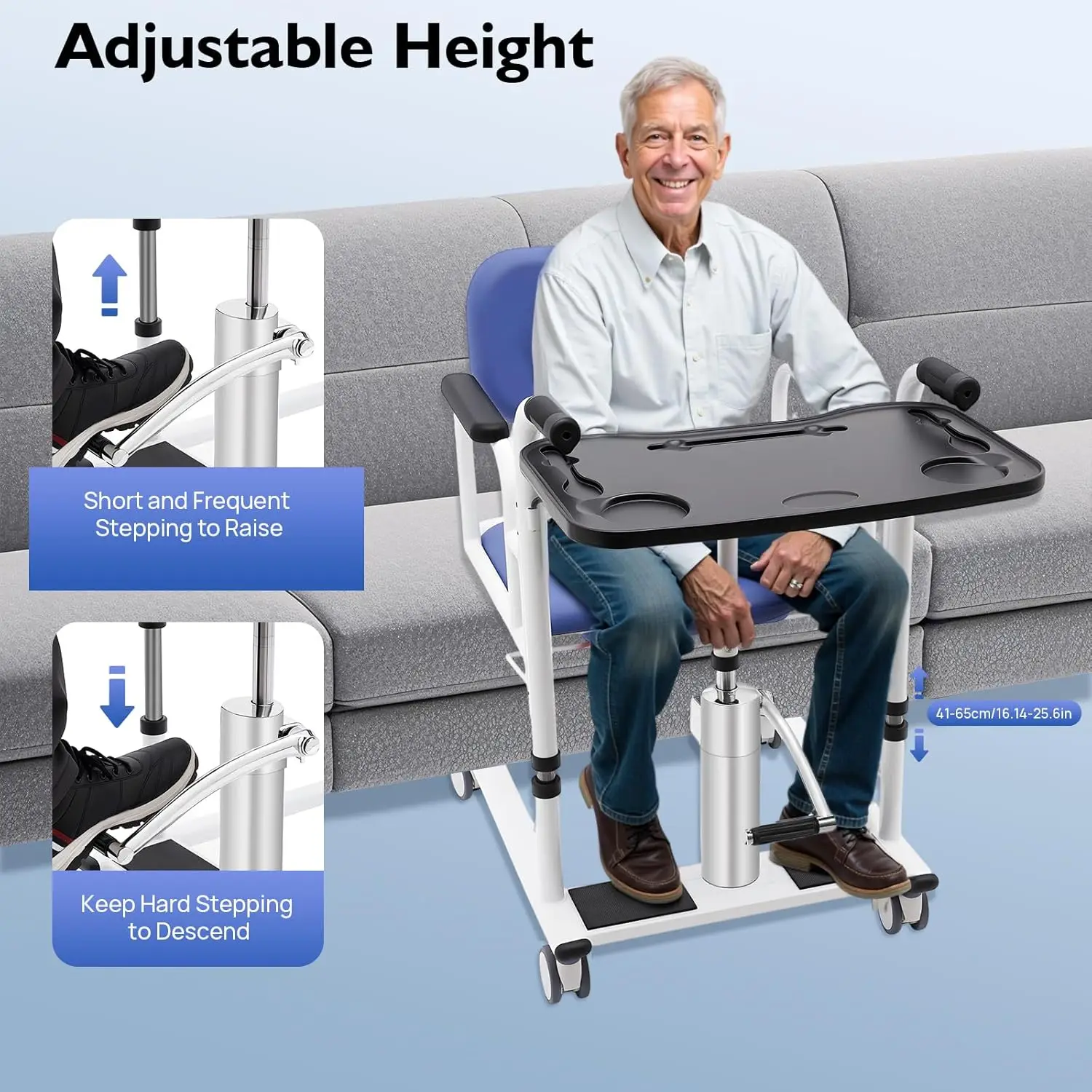 Hydraulic Patient Lift Transfer Chair, 330lbs Height Adjustable Transport Wheelchair Shower Chair 180° Split Seat Patient Lifter