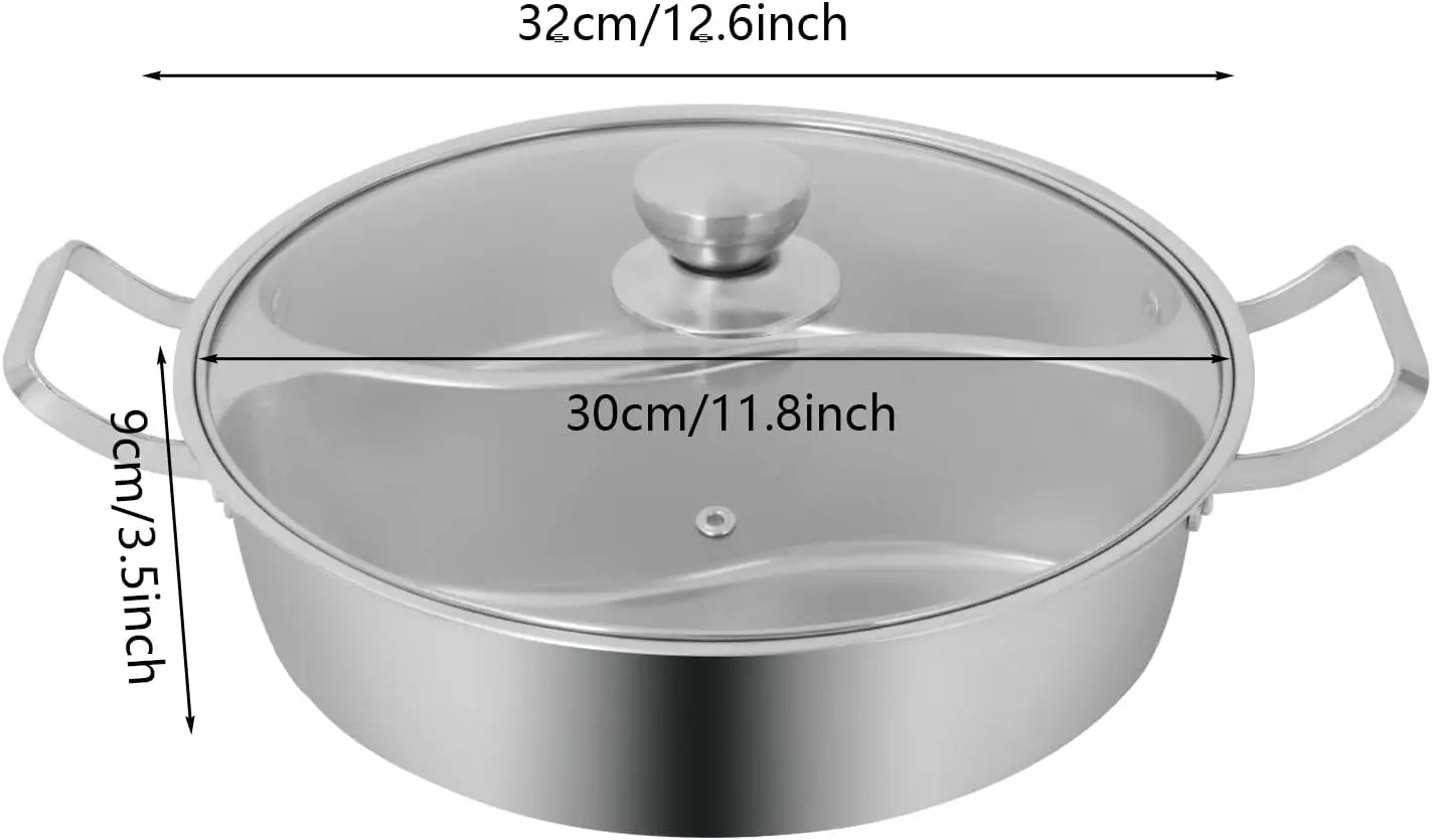 Double-flavor Hot Pot, 5L Stainless Steel Hot Pot with Divider and Clear Lid Divided Stockpot for Gas Hob Induction Hob Electric Ceramic Hob Electric Heater (12.6 * 3.5 inch)