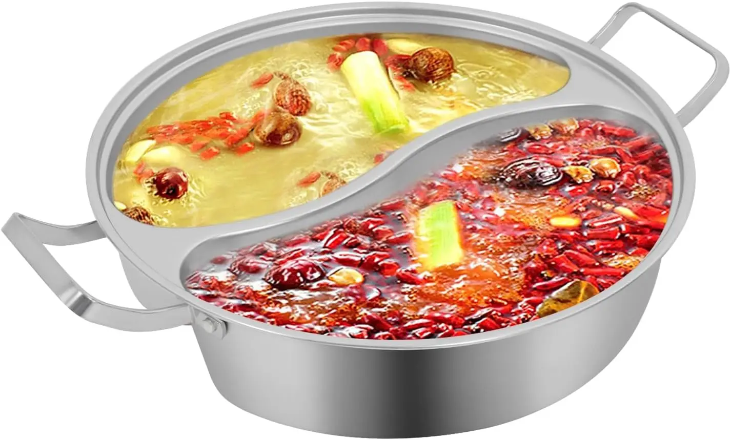 Double-flavor Hot Pot, 5L Stainless Steel Hot Pot with Divider and Clear Lid Divided Stockpot for Gas Hob Induction Hob Electric Ceramic Hob Electric Heater (12.6 * 3.5 inch)