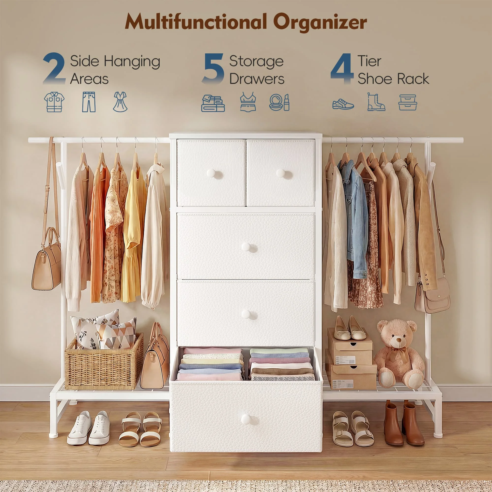 3-in-1 Dresser & Hanging Rack – 57.8" Wide with 5 Drawers & Shoe Rack, Side Hooks for Bedroom Storage and Walk-in closet