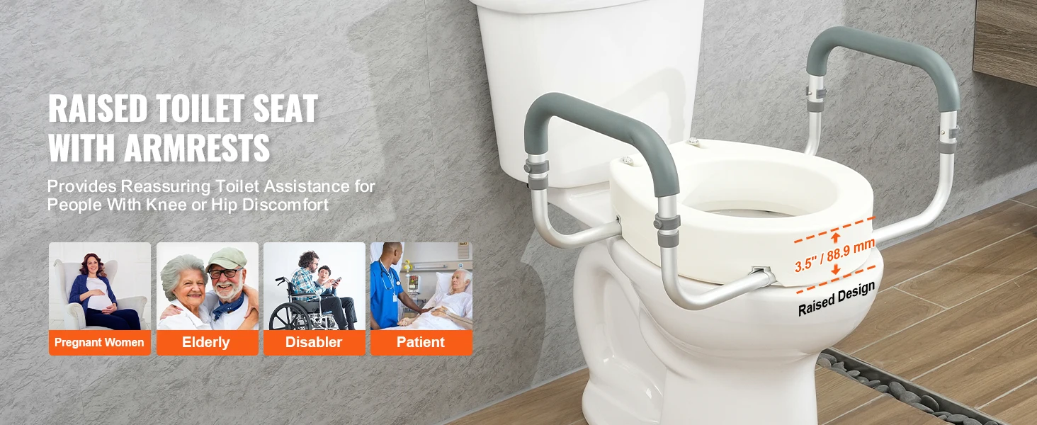 SucceBuy Raised Toilet Seat 3.5" Height Raised 300 lbs Weight Capacity for Standard Round Durable Toilet Aluminum Handrail