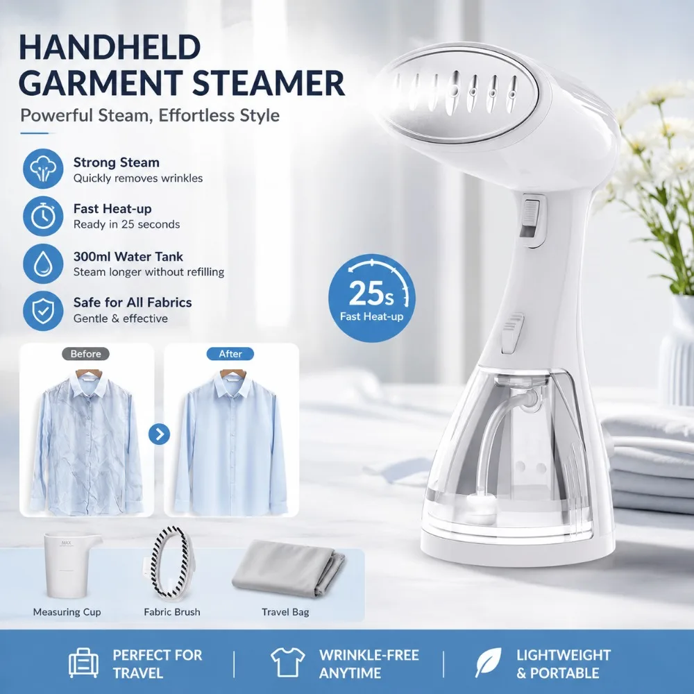 Saierfour 1500W Portable Handheld Garment Steamer Mini Steam Iron Press Travel Business Clothes Wrinkle Remover Home Fabric Steaming Brush