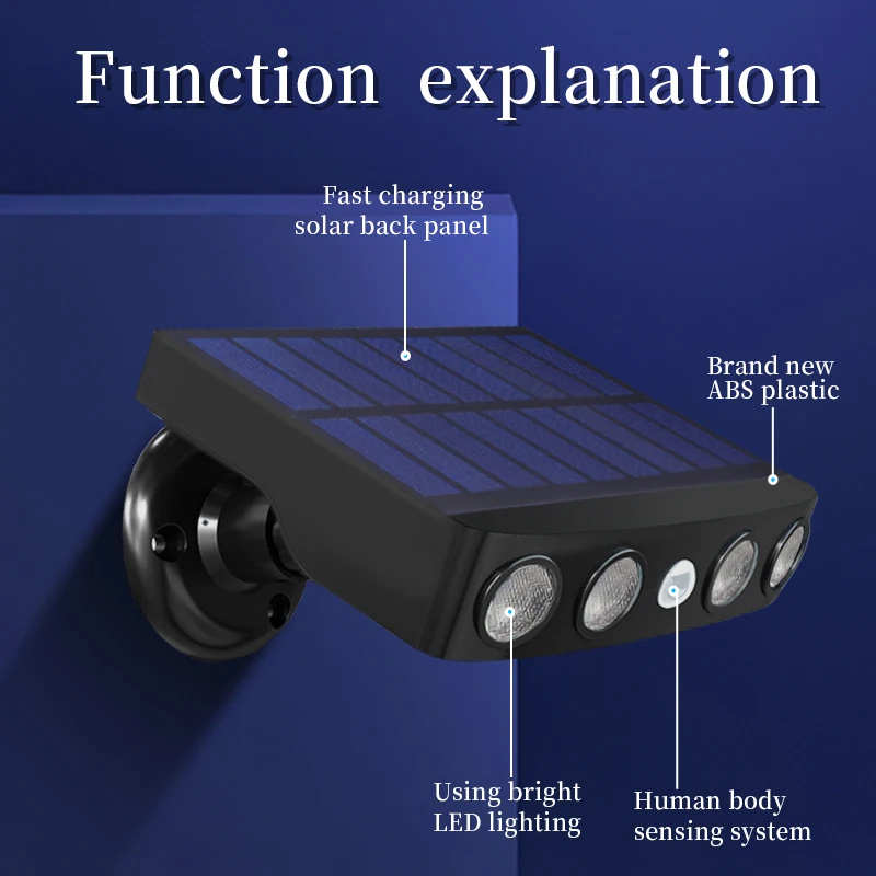 3000W Solar Powered Outdoor Wall Light Motion Sensor Security Lights 4 LED Bulbs 3 Modes Night Work Lamp for Patio Garden Porch Fence Corridor Balcony