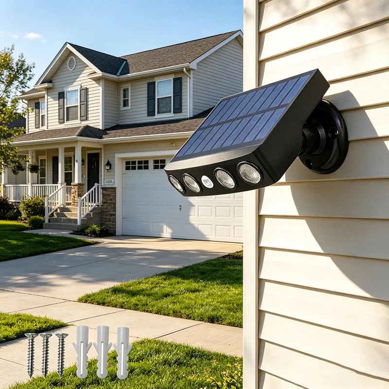 3000W Solar Powered Outdoor Wall Light Motion Sensor Security Lights 4 LED Bulbs 3 Modes Night Work Lamp for Patio Garden Porch Fence Corridor Balcony