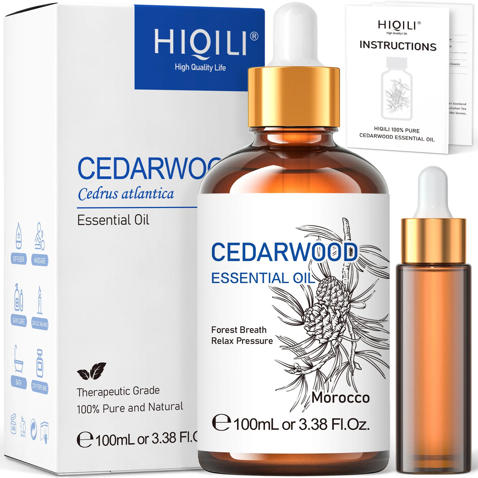 HIQILI 100ML Cedarwood Essential Oil, Pure Essential Oil for Diffuser, Humidifier, Massage, Relaxing, Relieving Stress