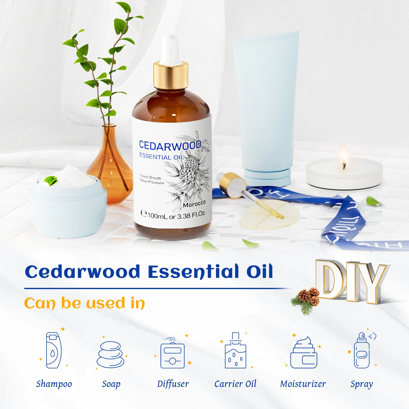 HIQILI 100ML Cedarwood Essential Oil, Pure Essential Oil for Diffuser, Humidifier, Massage, Relaxing, Relieving Stress