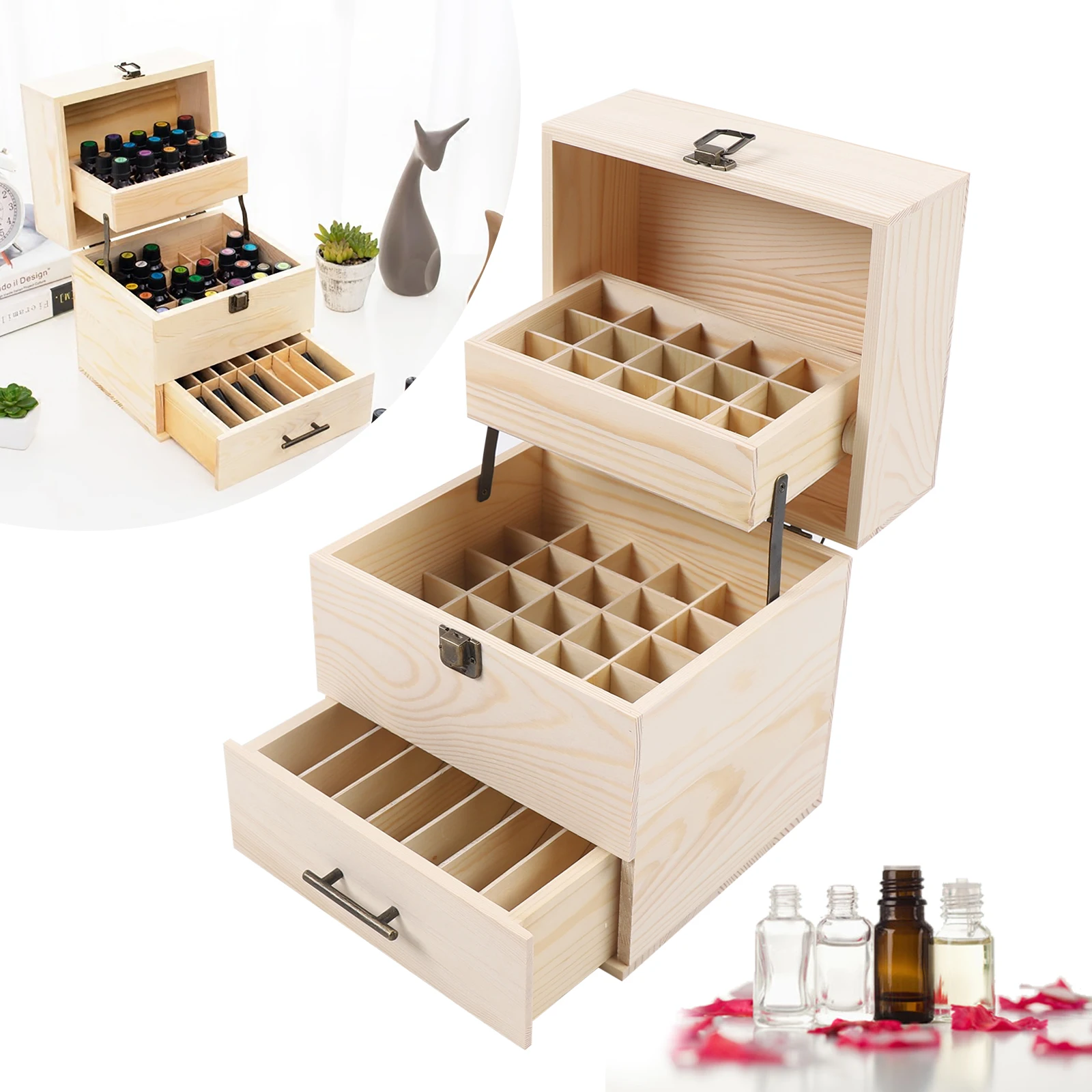 Wood Essential Oil Box 59 Grid Wood Essential Oil Box Essential Oil Packaging Box High Quality 3 Layer Essential Oil Box