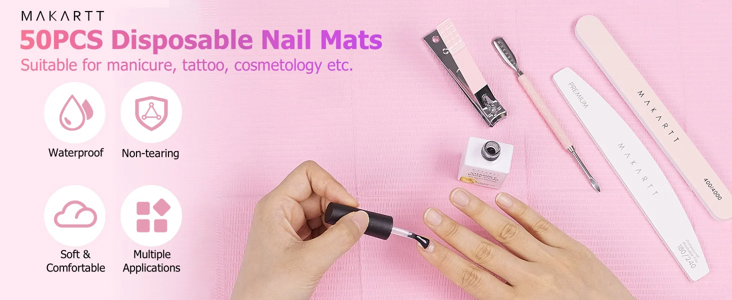 Makartt Disposable Nail Mats: 50Pcs Pink Fordable Nail Paper Towels for Table Acrylic Nail Practice Sheet 3 Ply Waterproof Nail