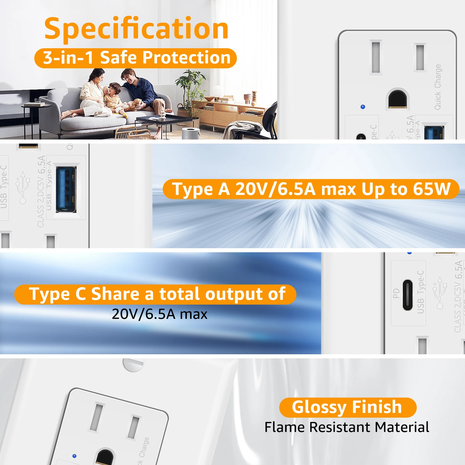 1Pcs-20Pcs 6.5A USB Quick Charge Outlets With 15A Tamper-Resistant Wall Charger US Power Socket and Standard Socket White Outlet