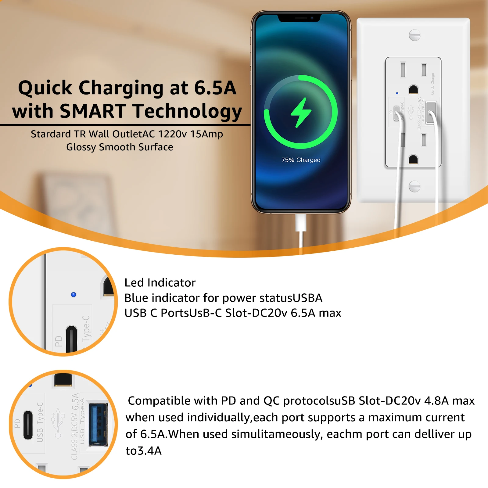 1Pcs-20Pcs 6.5A USB Quick Charge Outlets With 15A Tamper-Resistant Wall Charger US Power Socket and Standard Socket White Outlet