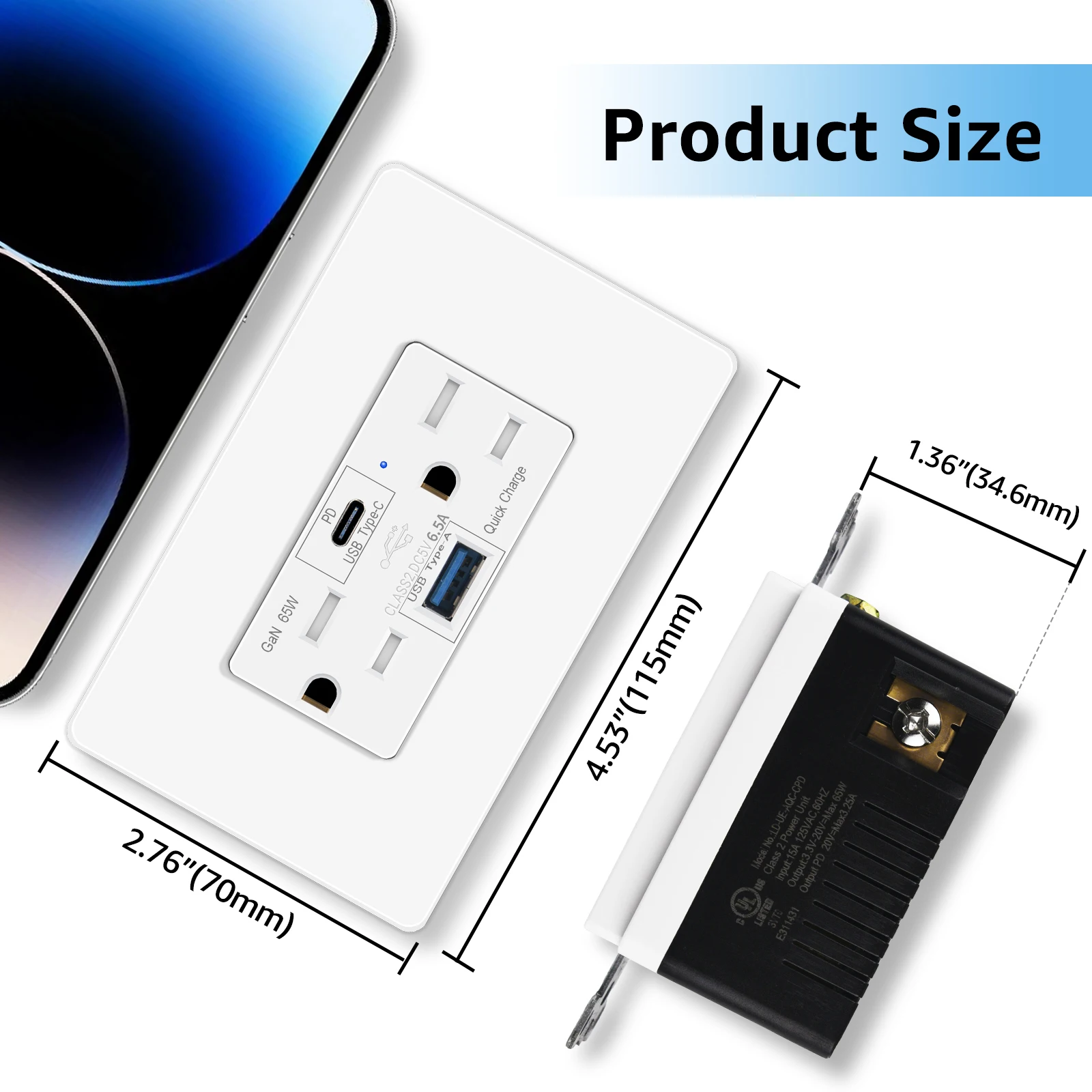 1Pcs-20Pcs 6.5A USB Quick Charge Outlets With 15A Tamper-Resistant Wall Charger US Power Socket and Standard Socket White Outlet