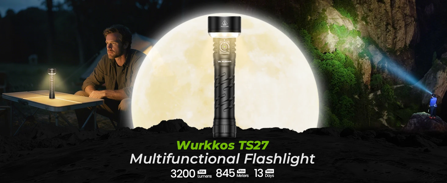 Wurkkos TS27 3200LM Super Bright Flashlight 845M Throw RGB Lighting Linterna Recargable Reverse Charging Power Bank For Camping