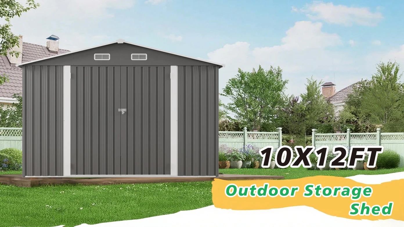 SUSUA10x12FT Outdoor Storage Shed  Metal Garden Shed with Double Door Two Window Waterproof Tool Shed for Backyard Patio Lawn