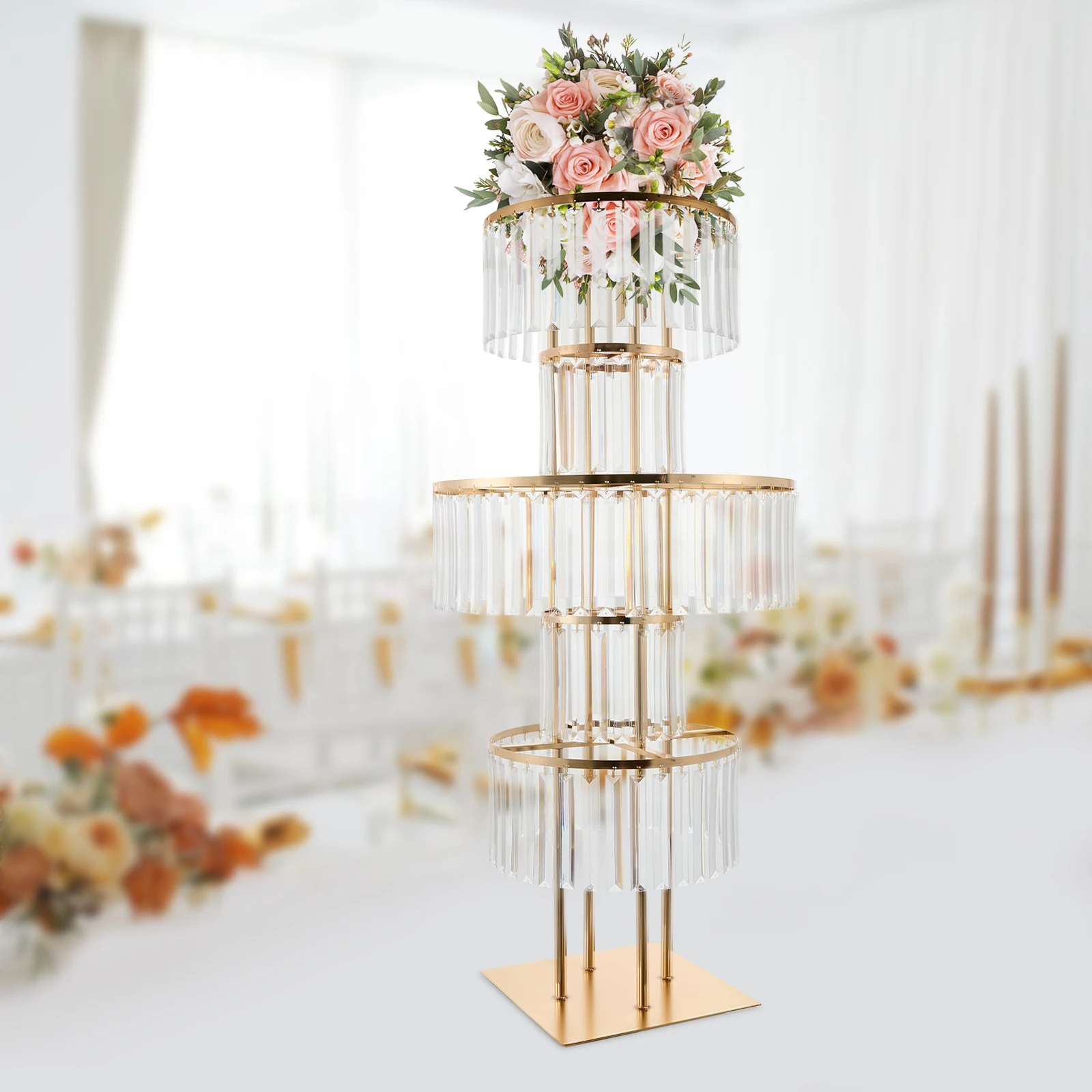 5 Tiers Crystal Flower Stand Gold/Silver 43.3 Inch Height Display Rack Aisle Guide Table Decoration Wedding Centerpiece Stand for Party Birthday Coffee Shop