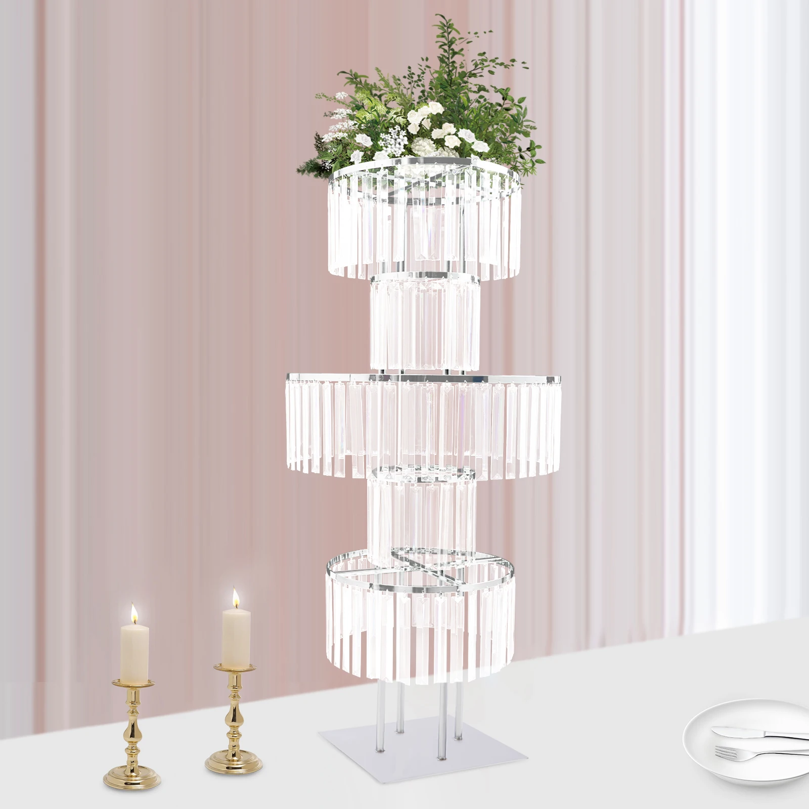 5 Tiers Crystal Flower Stand Gold/Silver 43.3 Inch Height Display Rack Aisle Guide Table Decoration Wedding Centerpiece Stand for Party Birthday Coffee Shop