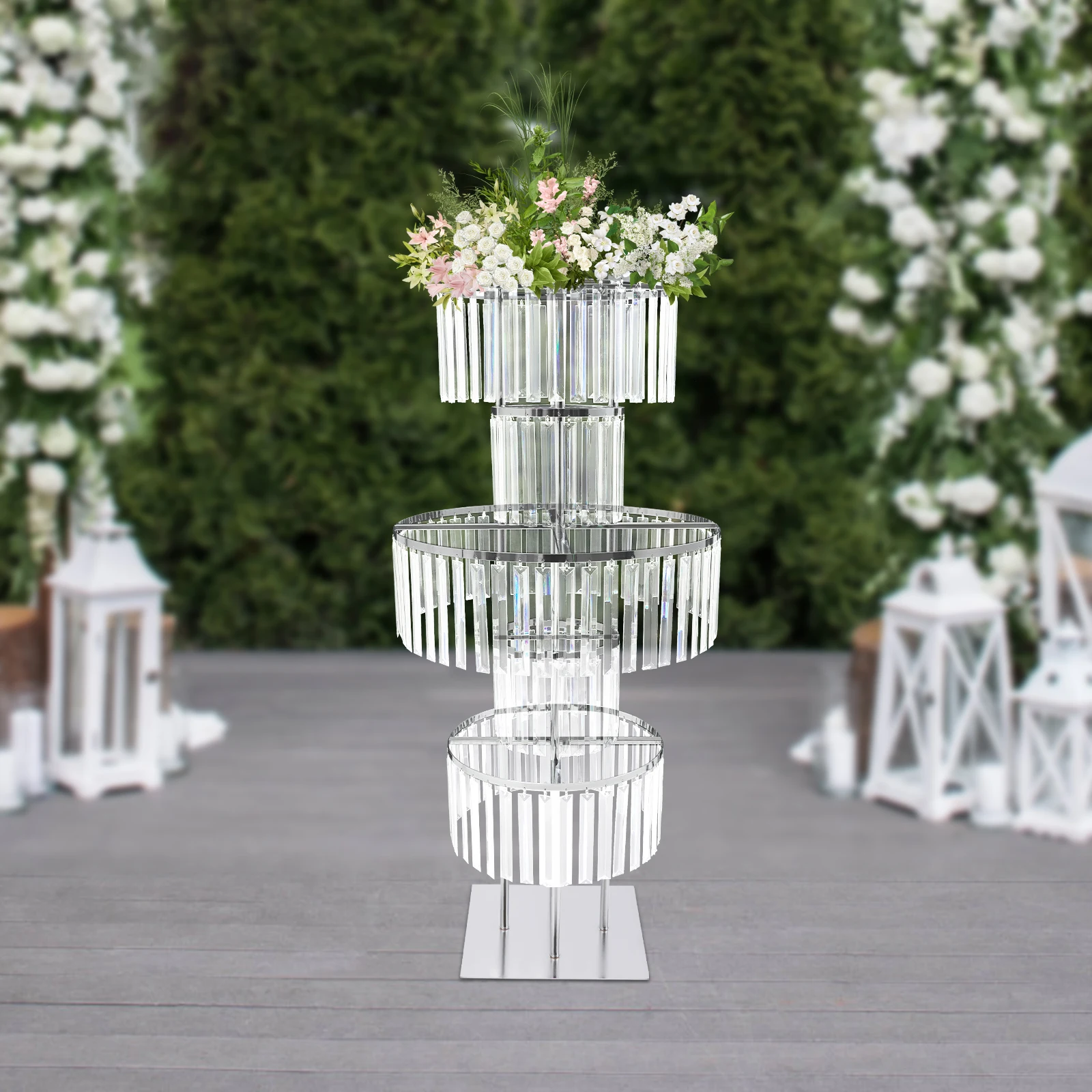 5 Tiers Crystal Flower Stand Gold/Silver 43.3 Inch Height Display Rack Aisle Guide Table Decoration Wedding Centerpiece Stand for Party Birthday Coffee Shop
