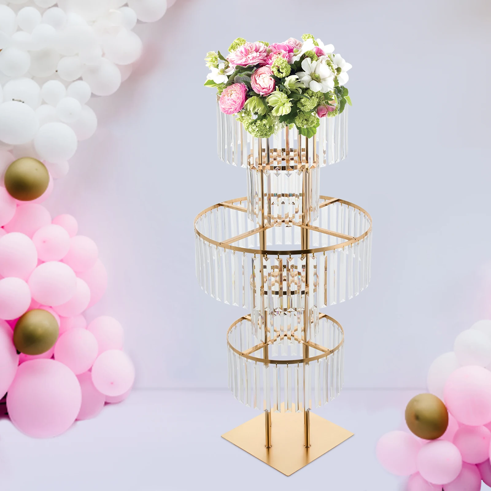 5 Tiers Crystal Flower Stand Gold/Silver 43.3 Inch Height Display Rack Aisle Guide Table Decoration Wedding Centerpiece Stand for Party Birthday Coffee Shop