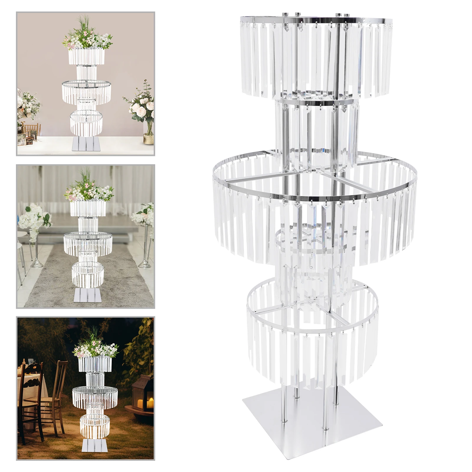 5 Tiers Crystal Flower Stand Gold/Silver 43.3 Inch Height Display Rack Aisle Guide Table Decoration Wedding Centerpiece Stand for Party Birthday Coffee Shop