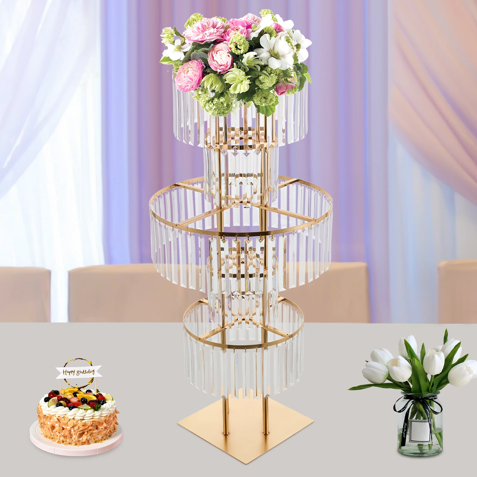5 Tiers Crystal Flower Stand Gold/Silver 43.3 Inch Height Display Rack Aisle Guide Table Decoration Wedding Centerpiece Stand for Party Birthday Coffee Shop