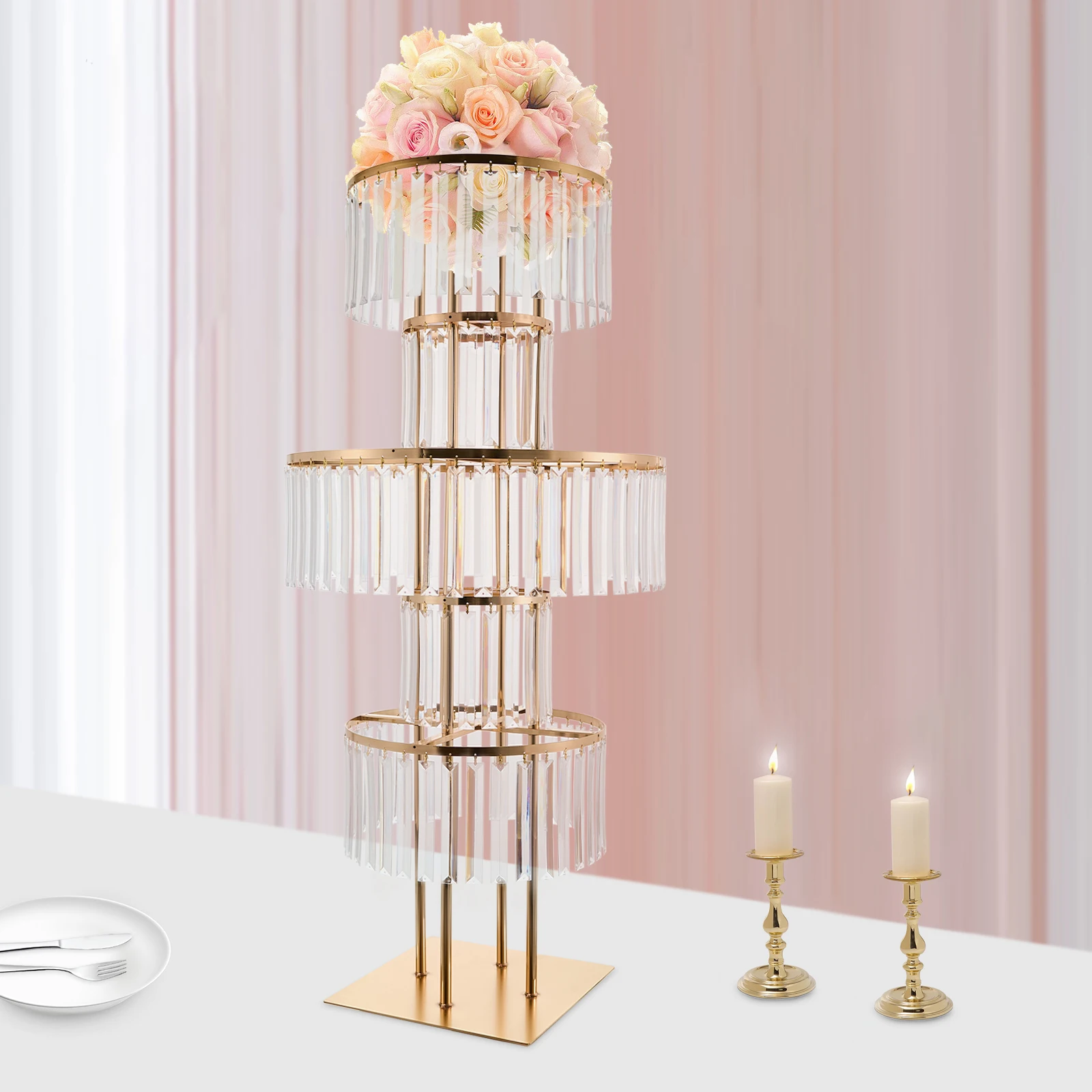 5 Tiers Crystal Flower Stand Gold/Silver 43.3 Inch Height Display Rack Aisle Guide Table Decoration Wedding Centerpiece Stand for Party Birthday Coffee Shop