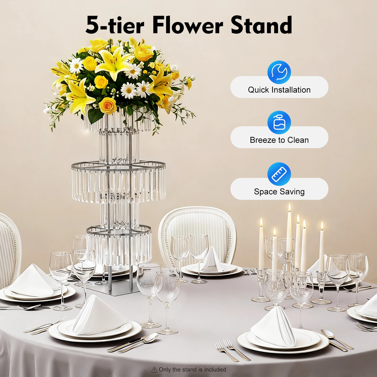 5 Tiers Crystal Flower Stand Gold/Silver 43.3 Inch Height Display Rack Aisle Guide Table Decoration Wedding Centerpiece Stand for Party Birthday Coffee Shop