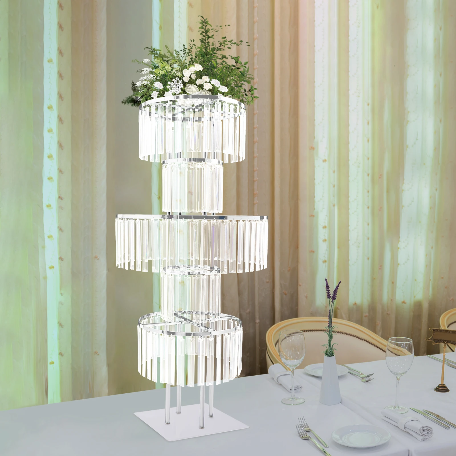 5 Tiers Crystal Flower Stand Gold/Silver 43.3 Inch Height Display Rack Aisle Guide Table Decoration Wedding Centerpiece Stand for Party Birthday Coffee Shop