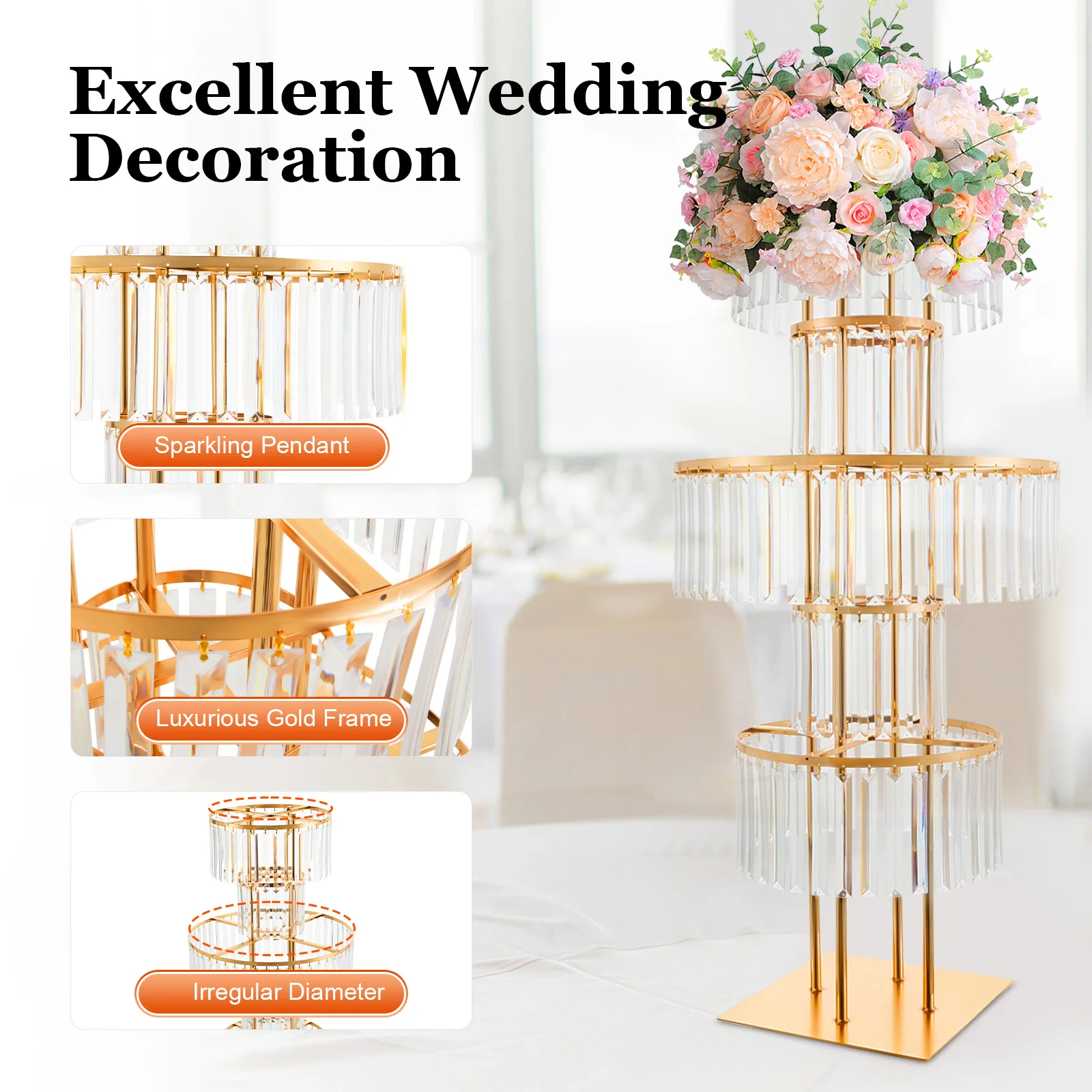 5 Tiers Crystal Flower Stand Gold/Silver 43.3 Inch Height Display Rack Aisle Guide Table Decoration Wedding Centerpiece Stand for Party Birthday Coffee Shop