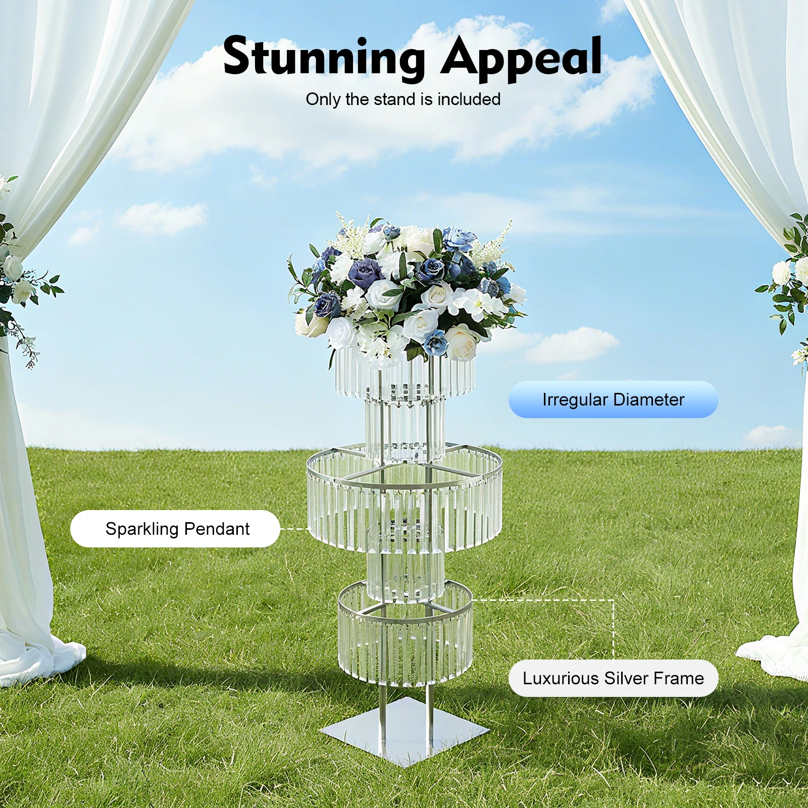 5 Tiers Crystal Flower Stand Gold/Silver 43.3 Inch Height Display Rack Aisle Guide Table Decoration Wedding Centerpiece Stand for Party Birthday Coffee Shop